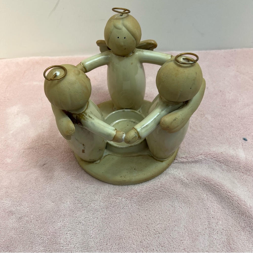 Northern Lights Angels Holding Hands in a Circle Ceramic Pottery Candle Holder